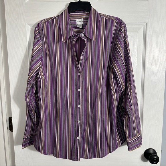 Chico's size 3 blouse, metallic threads, vertical stripe, stretch, v-neck - Picture 1 of 10